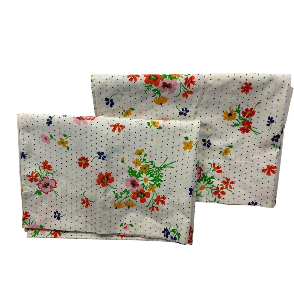 2 Vintage Lady Pepperell Floral Polka Dot Single Flat Sheet 66x104 Percale USA